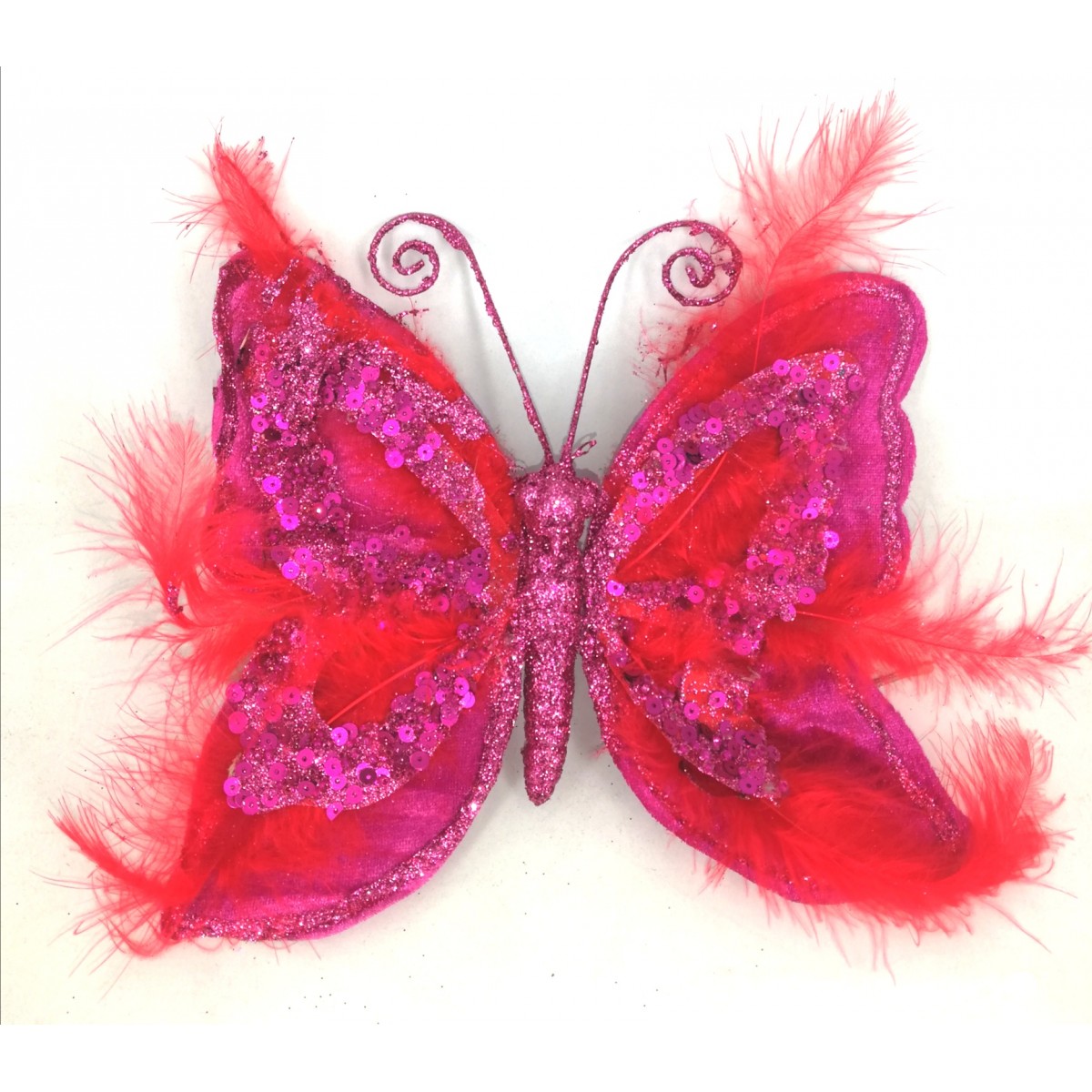 Farfalla Piume Rosse e Glitter Fuxia con Clip